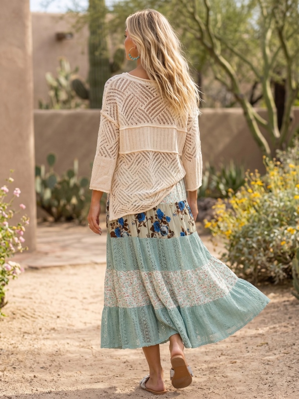 POL Sage Green Boho Patchwork Maxi Skirt | Floral Lace Tiered Flowy Pull On - Picture 3 of 7